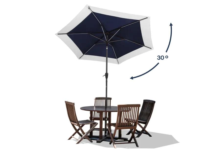 Spencer Classic Coastal 2-Tone Solar LED Market Patio Umbrella with 12 LED Strip Lights, Auto-Tilt, Crank and UV Protection