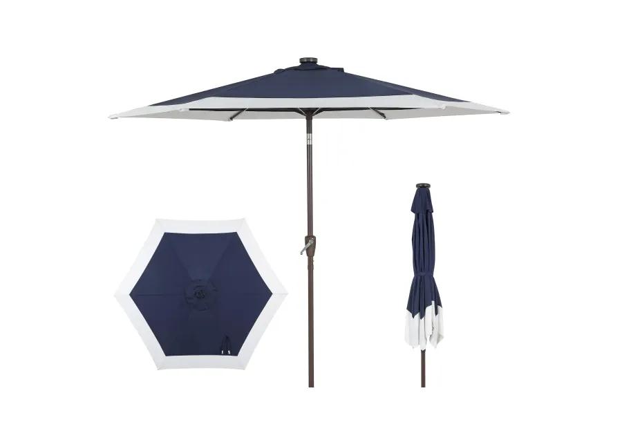 Spencer Classic Coastal 2-Tone Solar LED Market Patio Umbrella with 12 LED Strip Lights, Auto-Tilt, Crank and UV Protection