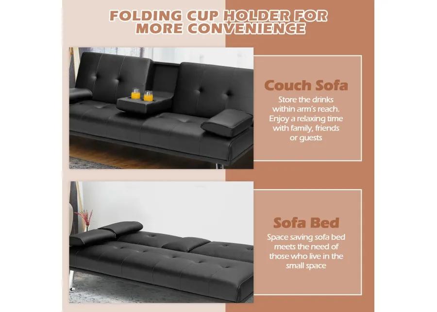 Convertible Folding Leather Futon Sofa with Cup Holders and Armrests