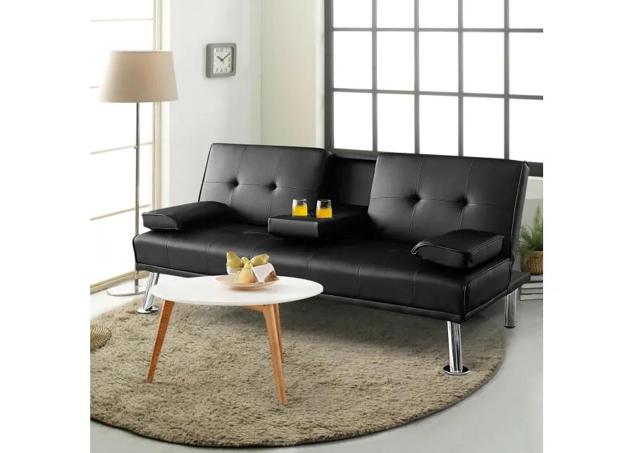 Convertible Folding Leather Futon Sofa with Cup Holders and Armrests