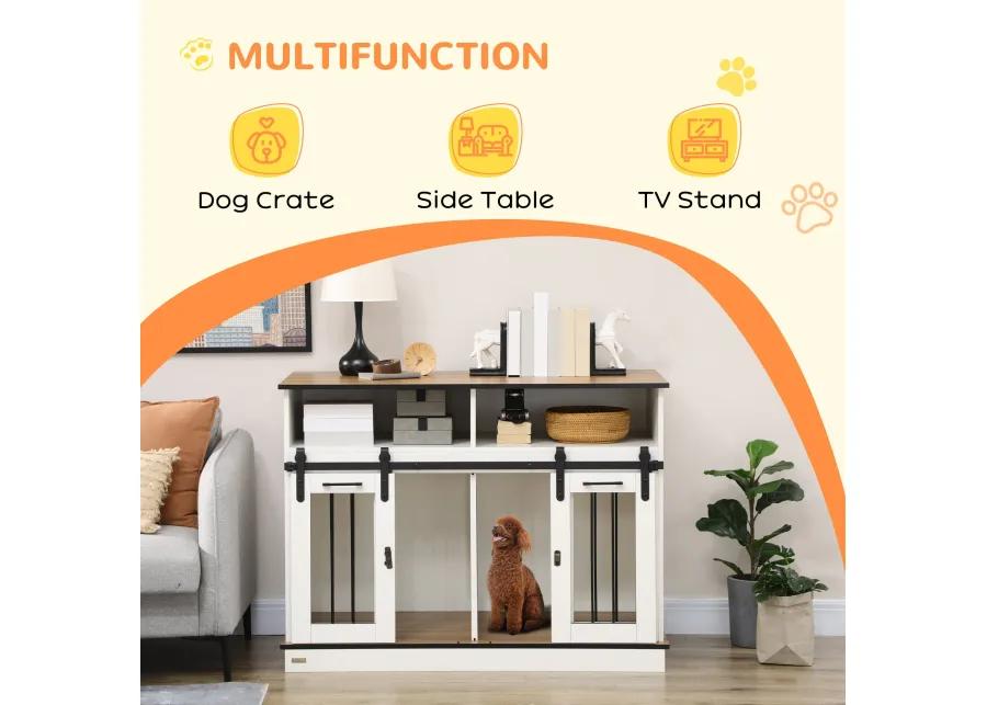 White Pet Sanctuary: Large Double Dog Crate with Shelves & Storage