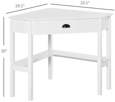 White Compact Desk: Small Corner Workstation with Drawer and Shelves