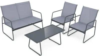 Hivvago 4 Pieces of Metal Patio Furniture Chat Set with Tempered Glass Coffee Table