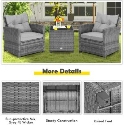 Hivvago 3 Pieces Outdoor Wicker Conversation Set with Tempered Glass Tabletop