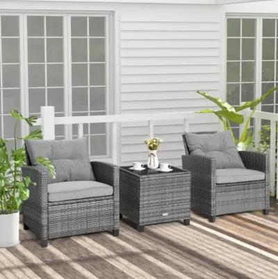 Hivvago 3 Pieces Outdoor Wicker Conversation Set with Tempered Glass Tabletop