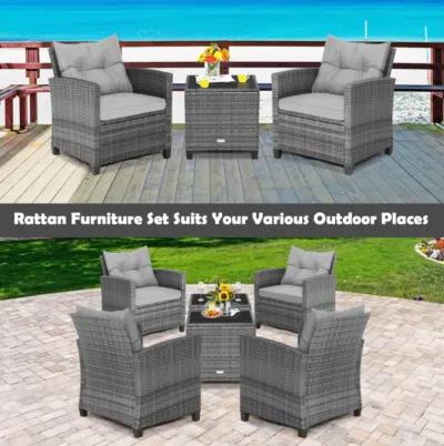 Hivvago 3 Pieces Outdoor Wicker Conversation Set with Tempered Glass Tabletop