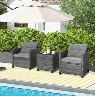 Hivvago 3 Pieces Outdoor Wicker Conversation Set with Tempered Glass Tabletop