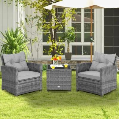 Hivvago 3 Pieces Outdoor Wicker Conversation Set with Tempered Glass Tabletop