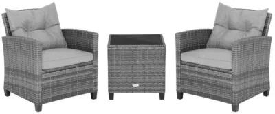 Hivvago 3 Pieces Outdoor Wicker Conversation Set with Tempered Glass Tabletop