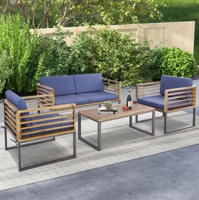 4 Piece Patio Acacia Wood Conversation Set with Soft Seat-Navy