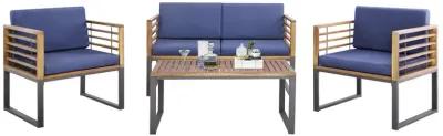 4 Piece Patio Acacia Wood Conversation Set with Soft Seat-Navy