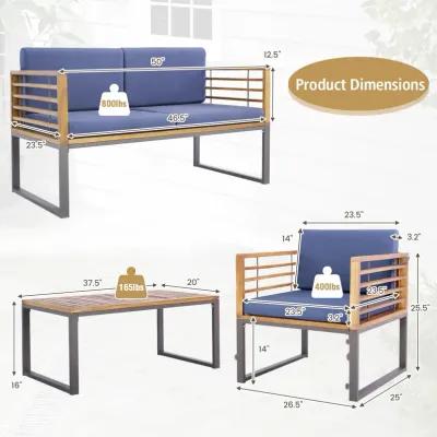 4 Piece Patio Acacia Wood Conversation Set with Soft Seat-Navy