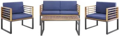 4 Piece Patio Acacia Wood Conversation Set with Soft Seat-Navy