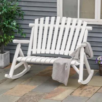 White Garden Duo: 2-Person Wooden Rocking Bench with Slatted Design