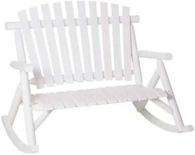 White Garden Duo: 2-Person Wooden Rocking Bench with Slatted Design