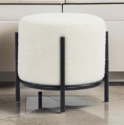 Aop 13 Inch Boucle Ottoman Stool, Round Cushioned Seat, White Boucle, Black - Benzara