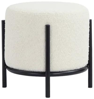 Aop 13 Inch Boucle Ottoman Stool, Round Cushioned Seat, White Boucle, Black - Benzara