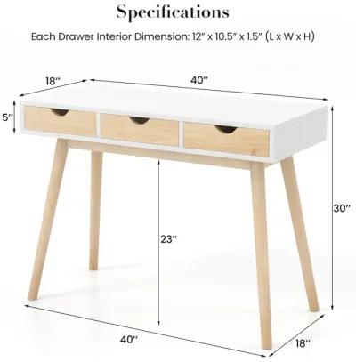 Computer Desk with 3 Drawers and Solid Rubber Wood Legs for Home Office