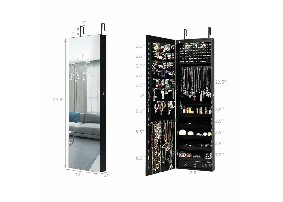 Wall and Door Mounted Mirrored Jewelry Cabinet with Lights