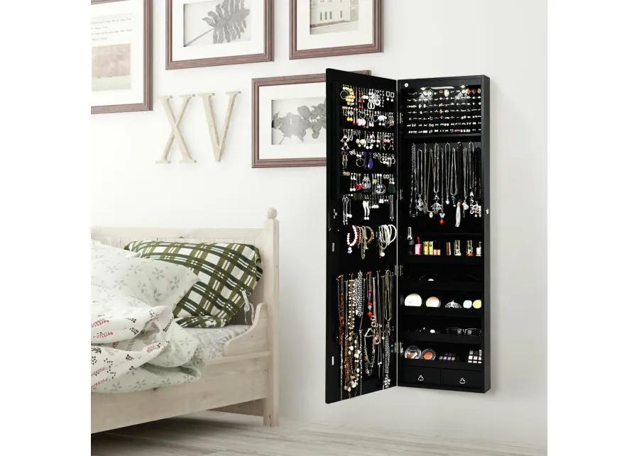 Wall and Door Mounted Mirrored Jewelry Cabinet with Lights