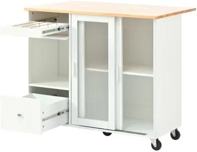 Merax Kitchen Island with Drop Leaf, LED Light Kitchen Cart on Wheels with 2 Fluted Glass Doors and 1 Flip Cabinet Door