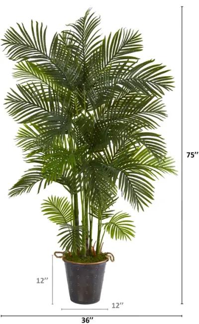 HomPlanti 75 Inches Areca Palm Artificial Tree in Decorative Metal Pail with Rope