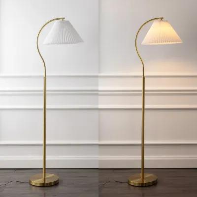 Devon 60.5" Modern Glam Metal Arc LED Floor Lamp with Pleated Shade, Brass Gold/White