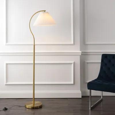 Devon 60.5" Modern Glam Metal Arc LED Floor Lamp with Pleated Shade, Brass Gold/White