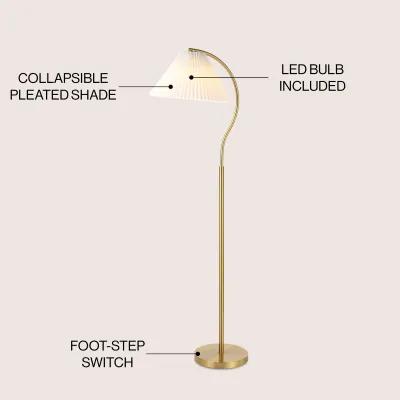 Devon 60.5" Modern Glam Metal Arc LED Floor Lamp with Pleated Shade, Brass Gold/White