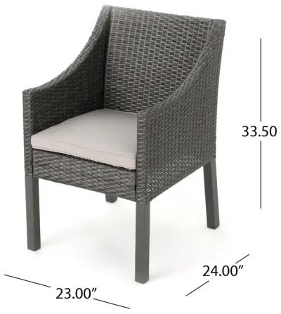 Outdoor Dining Chair, Sloped Arms, Waterproof Rattan, Gray and Silver