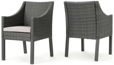 Outdoor Dining Chair, Sloped Arms, Waterproof Rattan, Gray and Silver