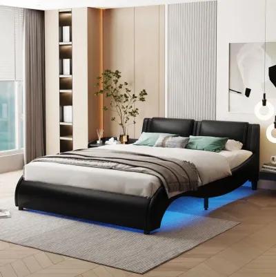 Merax Upholstered Faux Leather Platform Bed with LED Light