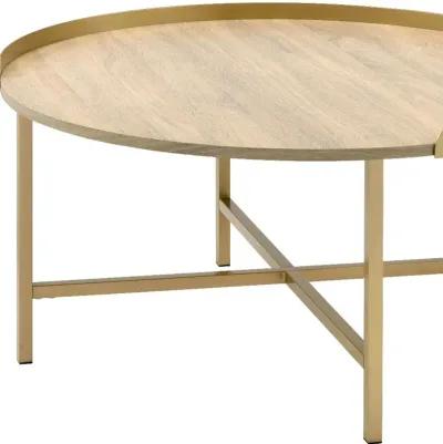 Homezia 34" Gold And Oak Manufactured Wood And Metal Round Coffee Table