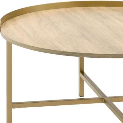 Homezia 34" Gold And Oak Manufactured Wood And Metal Round Coffee Table