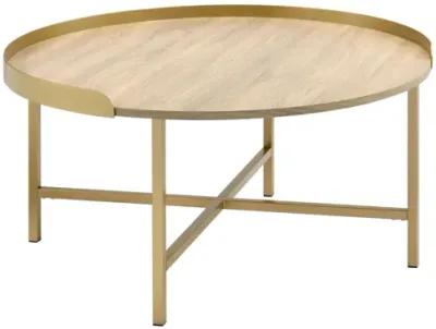 Homezia 34" Gold And Oak Manufactured Wood And Metal Round Coffee Table