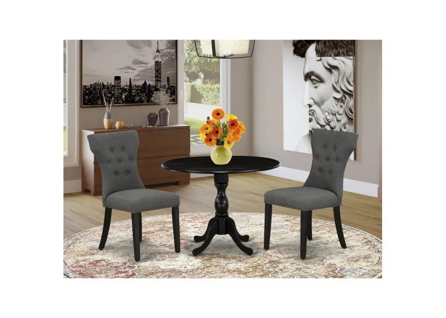 East West Furniture East West Furniture DMGA3-ABK-50 3 Piece Dining Set Contains 1 Drop Leaves Table and 2 Dark Gotham Grey Linen Fabric Dining Chairs Button Tufted Back with Nail Heads - Wire Brushed Black Finish