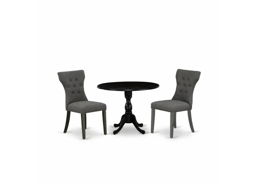 East West Furniture East West Furniture DMGA3-ABK-50 3 Piece Dining Set Contains 1 Drop Leaves Table and 2 Dark Gotham Grey Linen Fabric Dining Chairs Button Tufted Back with Nail Heads - Wire Brushed Black Finish