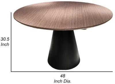 Nasa 49 Inch Modern Dining Table, Walnut Wood Surface, Black Pedestal Base - Benzara