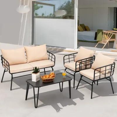 4 Pieces Patio Furniture Set with Seat Back Cushions for Garden-Beige