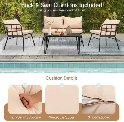 4 Pieces Patio Furniture Set with Seat Back Cushions for Garden-Beige