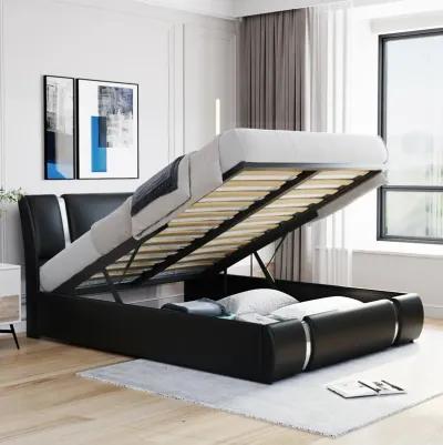 Queen Size Upholstered PU Leather Platform bed with a Hydraulic Storage System