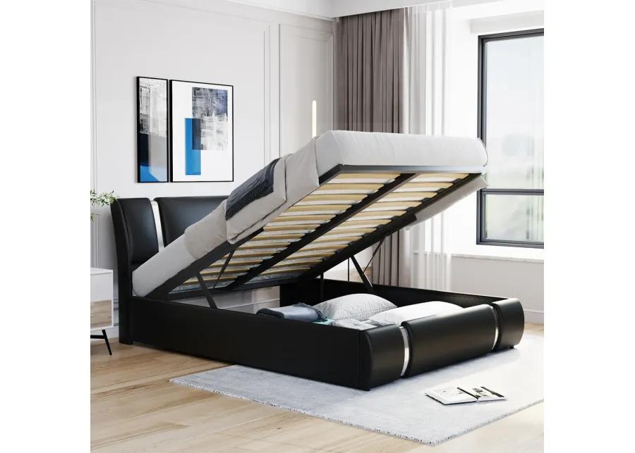 Queen Size Upholstered PU Leather Platform bed with a Hydraulic Storage System