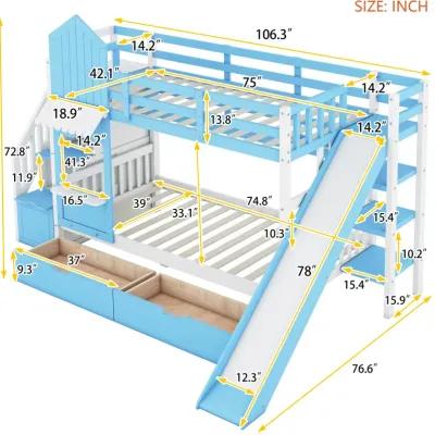 Twin Over Twin Castle Style Bunk Bed With 2 Drawers 3 Shelves And Slide