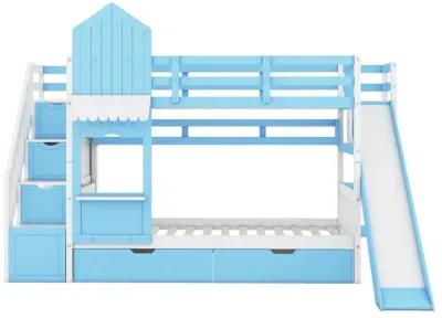 Twin Over Twin Castle Style Bunk Bed With 2 Drawers 3 Shelves And Slide