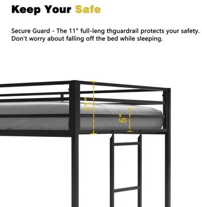 Twin Children's Loft Bunk Bed with Metal Frame and Safety Guard Rails, Anti-Noise Design, Protective Post Caps, Black