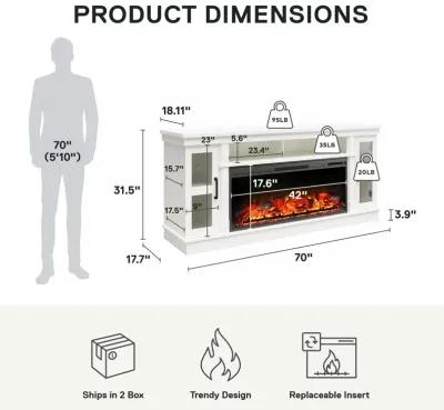 Elmcroft Wide TV Console with Electric Fireplace Insert for 75" TVs, White