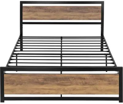 QuikFurn Full Metal Platform Bed Frame with Brown Wood Panel Headboard and Footboard