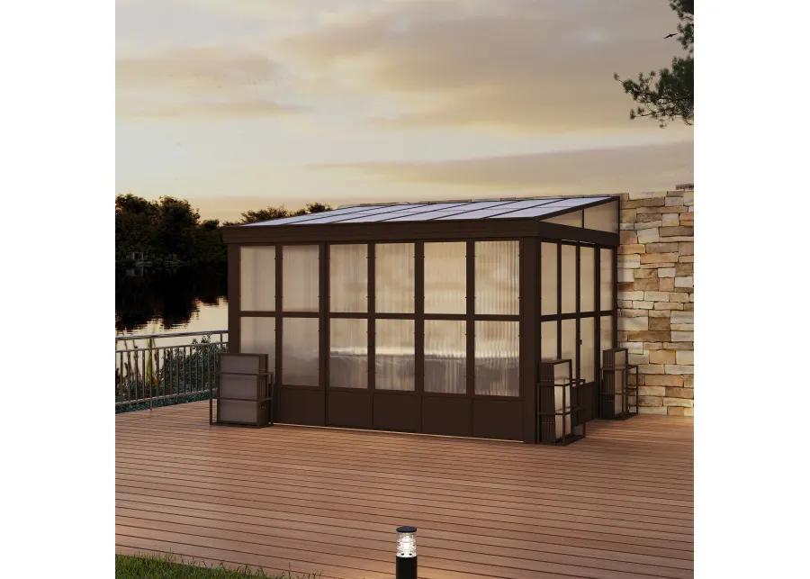 MONDAWE 10x12FT Lean to Sunroom Wall Mounted Solarium with Sloping Polycarbonate Roof, Detachable Screens and 2 Lockable Sliding Doors