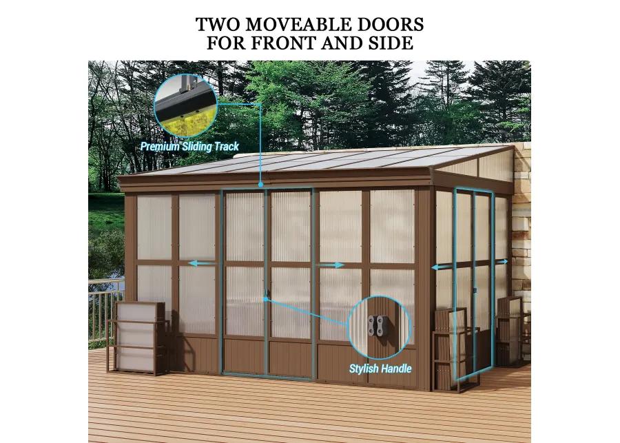 MONDAWE 10x12FT Lean to Sunroom Wall Mounted Solarium with Sloping Polycarbonate Roof, Detachable Screens and 2 Lockable Sliding Doors