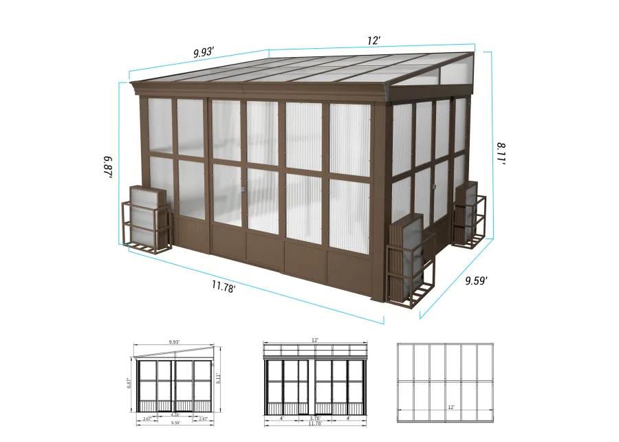 MONDAWE 10x12FT Lean to Sunroom Wall Mounted Solarium with Sloping Polycarbonate Roof, Detachable Screens and 2 Lockable Sliding Doors